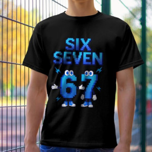 Koszulka męska czarna z nadrukiem dla chłopaka Rozmiar S - Six Seven