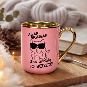 Kubek do kawy różowy ze złotym uchem dla pracownika - Asap srasap