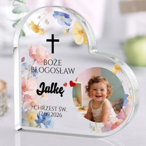 Szklane serce ze zdjęciem i nadrukiem na chrzest dla dziewczynki - Boże błogosław