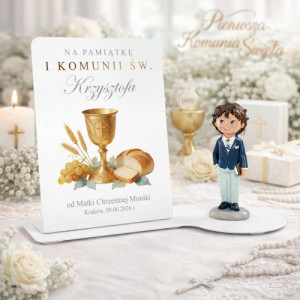 Statuetka z figurką 3D i dedykacją na I Komunię Św. dla chłopca - Dzień łaski