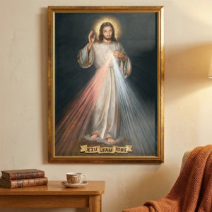 Obraz Jezusa Miłosiernego (50 x 70 cm) w złotej ramie - Jezu ufam Tobie
