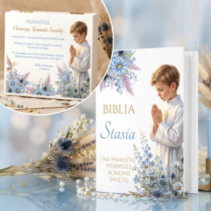 Biblia na komunię dla chłopca w drewnianym etui z nadrukiem - Niebieska łąka