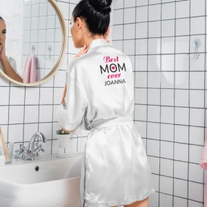 Szlafrok damski satynowy biały z nadrukiem dla mamy - Best mom