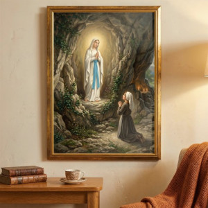 Obraz Matka Boża z Lourdes 50x70 cm w złotej drewnianej ramie - Objawienie