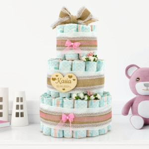 Tort z pampersów 3 z grawerem dla dziewczynki - Różowe kokardy