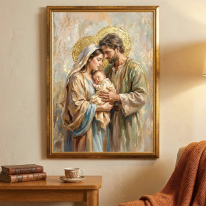 Obraz na prezent ślubny - Obraz do salonu Święta Rodzina 50x70 cm w złotej drewnianej ramie - Źródło pokoju