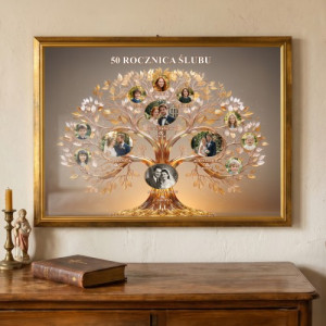 Drzewo genealogiczne w złotej ramie 70x50 cm na 50 rocznicę ślubu - Nasz ród