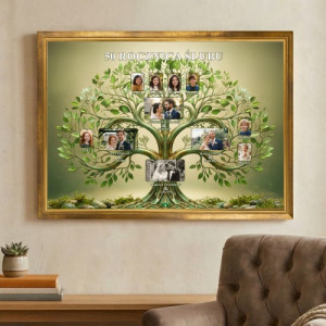 Prezenty dla rodziców - Drzewo genealogiczne w złotej ramie 70x50 cm na 50 rocznicę ślubu - Dziedzictwo