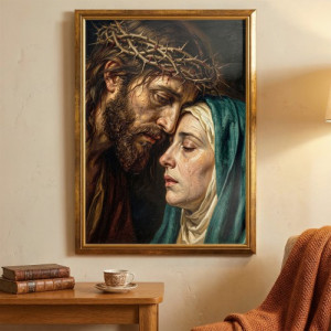 Obraz do salonu Pożegnanie Jezusa i Maryi 50x70 cm w złotej ramie - Rodzicielska miłość