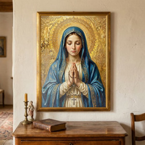 Obrazy religijne - Obraz do salonu Maryja z Różańcem 50x70 cm w złotej ramie - Żarliwa modlitwa