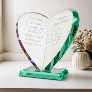 Statuetka szklana serce na chrzest z grawerem - Pobożność