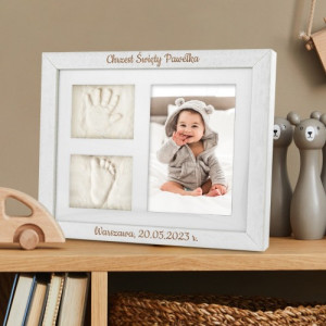Ramka 3D z odlewem gipsowym na chrzest dla chłopca - Tupot