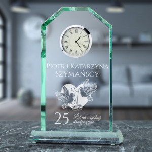 Statuetka ze szkła z zegarem na 25 rocznicę ślubu - Kochanym rodzicom