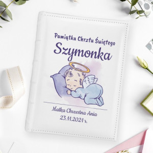 Album w białej ekoskórze na chrzest z nadrukiem - Śpiący Aniołek