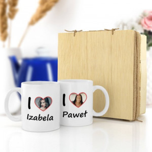 Zestaw kubków walentynkowych ze zdjęciem w koszyku - I LOVE
