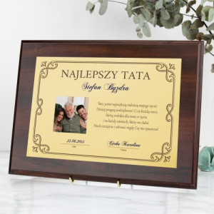 Certyfikat w drewnie z dedykacją i zdjęciem - Najlepszy Tata