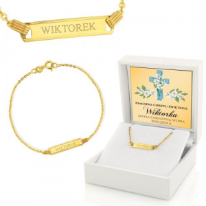 Złota bransoletka 585 na chrzest z grawerem - Błękitny krzyż