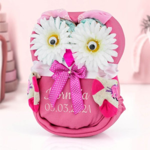 Sowa z pampersów 3 z haftem imienia dla dziewczynki - Mądra głowa