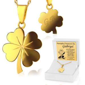 Złota koniczynka na łańcuszku pr. 585 z grawerem na komunię - Pan w sercu