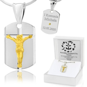 Srebrny medalik z łańcuszkiem pr. 925 i grawerem na komunię - Krzyż