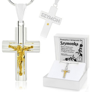 Srebrny krzyżyk na łańcuszku z grawerem na komunię - Jezus w sercu