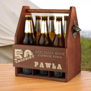 Skrzynka na piwo drewniana z grawerem na 50 urodziny - Oszczędzaj wodę