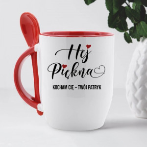 Kubek z łyżeczką i nadrukiem dla niej - Hej piękna!