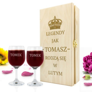 Skrzynka na wino z kieliszkami z grawerem - Legenda lutego