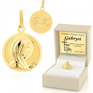 Złoty medalik Matka Boska pr. 585 z grawerem na komunię - Dobry Bóg