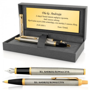 Pióro i długopis Parker IM Brushed GT w etui dla księdza - Posługa