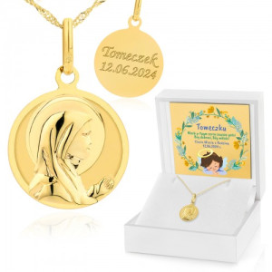 Złoty medalik Matka Boska 585 z grawerem na chrzest - Zawsze gości