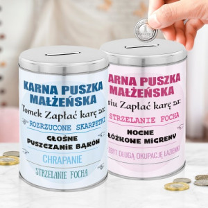 Skarbonki metalowe puszki dla pary z nadrukiem - Małżeńska kara