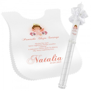 Szatka i świeca z nadrukiem na pamiątkę chrztu - Crystal White Rose