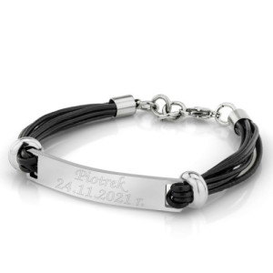 Bransoletka męska ze stali i skóry syntetycznej z grawerem - Wyjątkowy