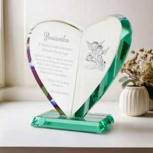 Statuetka serce szklane z obrazkiem na chrzest - Pociecha