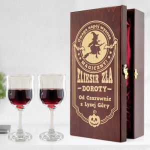 Drewniana skrzynka na wino z grawerem i kieliszkami - Eliksir zła