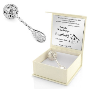 Srebrna grzechotka na chrzest z grawerem - Królestwo