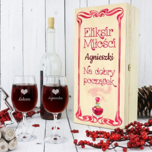 Skrzynka na wino z nadrukiem i kieliszki - Eliksir Miłości