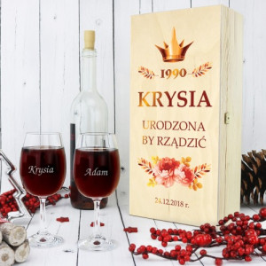 Drewniana skrzynka na wino z kieliszkami - Urodzona by rządzić
