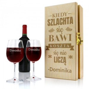 Skrzynka na wino drewniana z kieliszkami - Szlachta się bawi