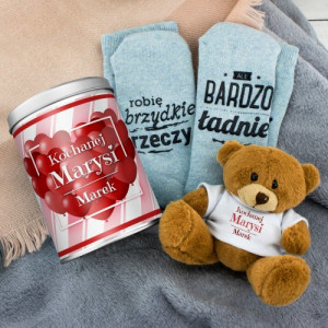 Miś w koszulce z nadrukiem i śmieszne skarpetki damskie - Dla Niej