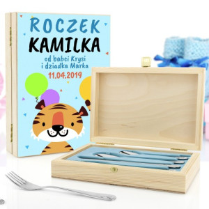 Sztućce dla dzieci z grawerem w pudełku z nadrukiem - Roczek Chłopca