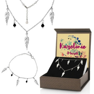 Srebrny naszyjnik i bransoletka Listki w etui z nadrukiem