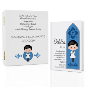 Biblia dla dzieci w drewnianym pudełku na komunię - Chłopiec