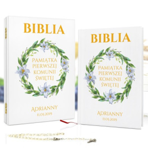 Biblia dla dzieci w drewnianym pudełku na komunię - Liliowy Wianek