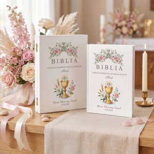 Biblia dla dzieci w pudełku z nadrukiem na komunię - Różany Kielich