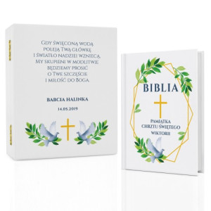Biblia dla dzieci w szkatułce z nadrukiem na chrzest - Gołębica