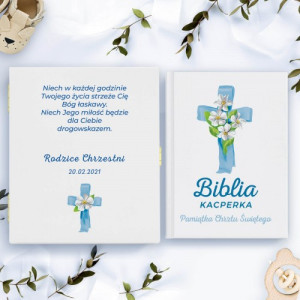 Biblia dla dzieci w drewnianym pudełku na chrzest - Niebieski Krzyż