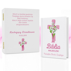 Biblia dla dzieci w szkatułce z dedykacją na chrzciny - Różowy Krzyż