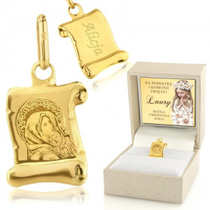 Złoty medalik z grawerem pr. 585 na komunię - Madonna z Dzieciątkiem